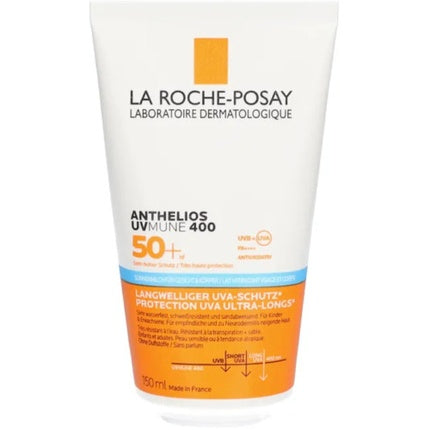 La Roche-Posay Anthelios UVMune400 SPF 50+ face and body sunscreen in 150ml tube, skin care product with protective formula.