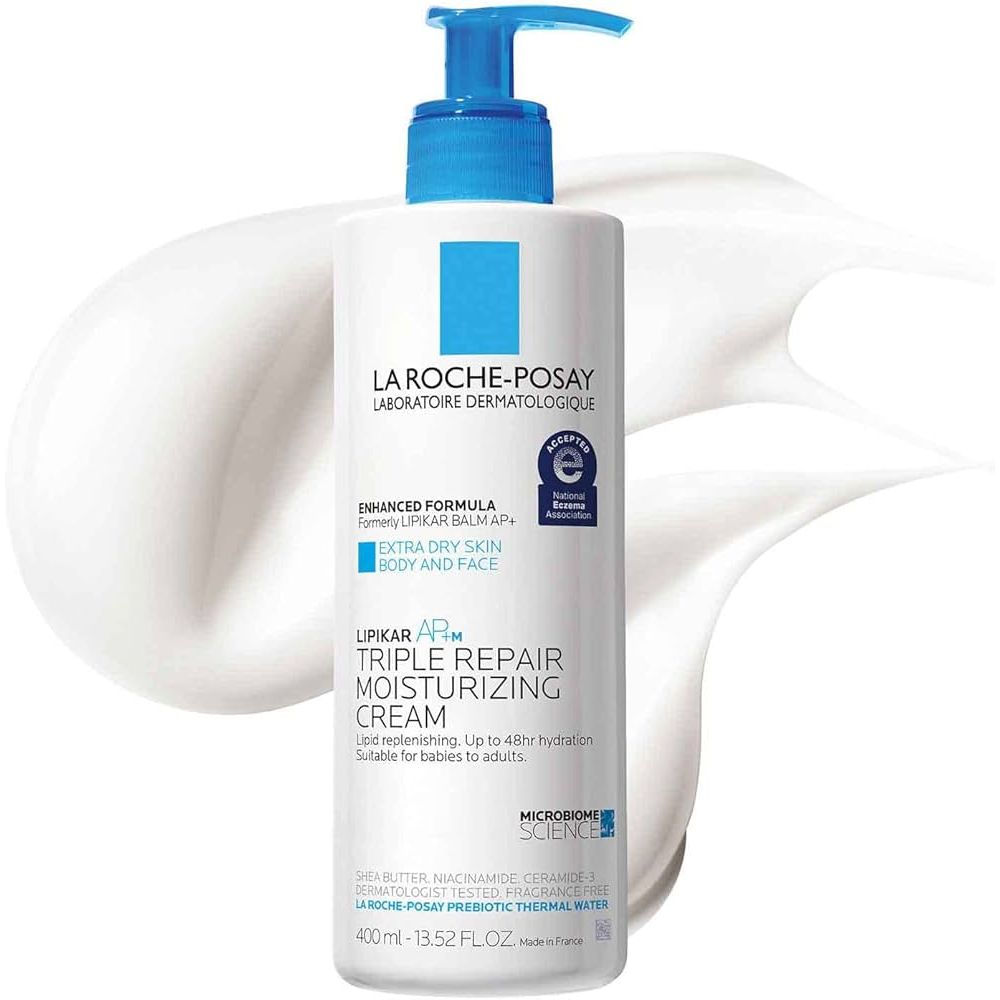 La Roche-Posay Lipikar AP+M Triple Repair Moisturizing Cream in a 13.52 oz jar, skin care product for hydration and skin barrier repair