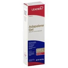 Leader® Acne Treatment Adapalene Gel 0.1% in 1.6 oz tube, clear skin care product for acne-prone skin.