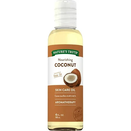 Unscented coconut liquid oil for skin care by Nature's Truth, in a 4 fl oz bottle, shown in a clear container with a white cap.