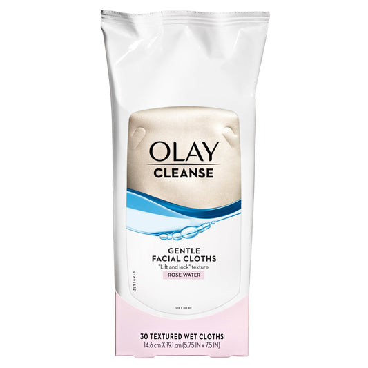 Olay Gentle Facial Cleansing Cloths with Rose Water for soft, clean skin, displayed with open cloths on a white background.