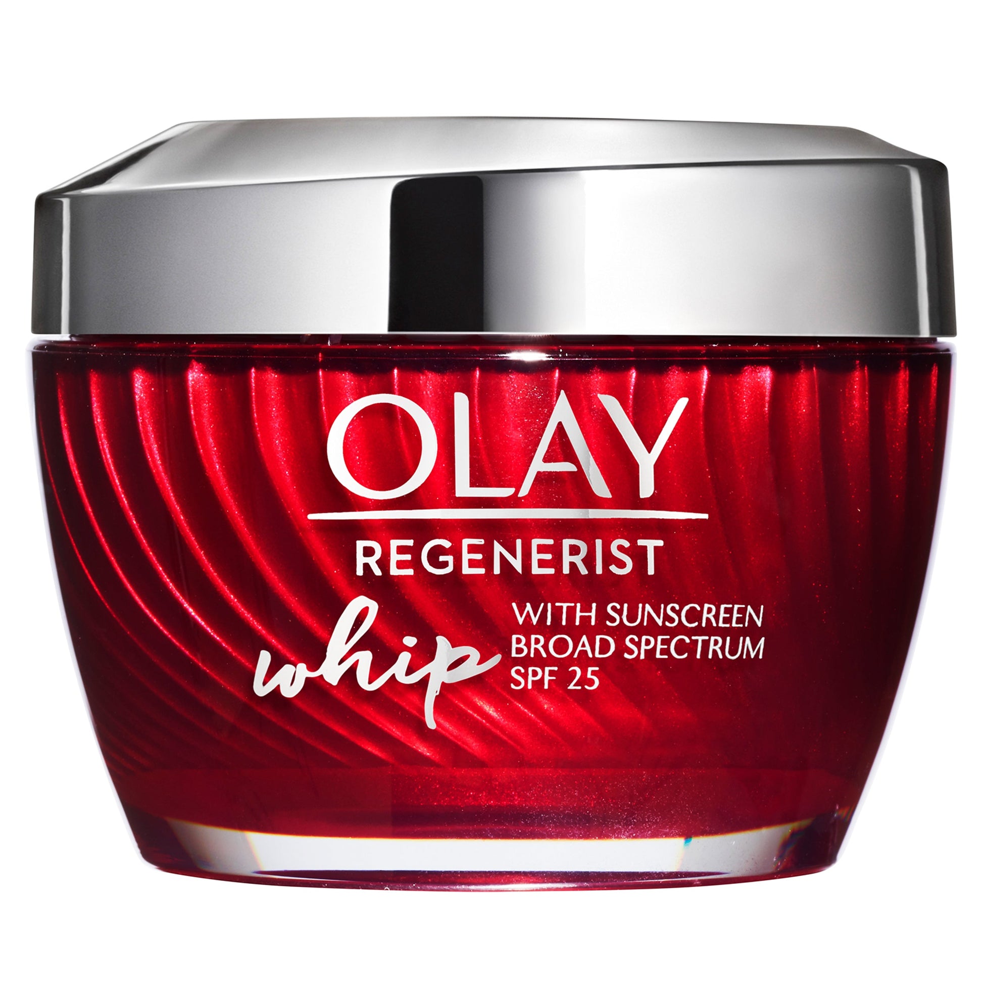 Olay Regenerist Whip moisturizer with SPF 25, broad spectrum, 1.7 oz, featuring a sleek white jar with blue accents.