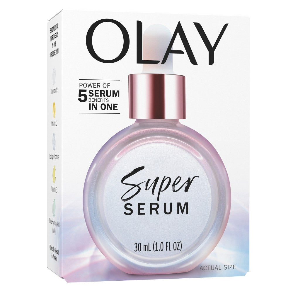 Olay Super Serum in 1.0 fl oz bottle, skincare product with clear liquid, designed for glowing, hydrated skin.