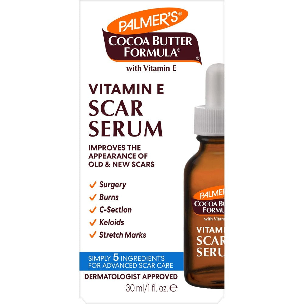 Palmer's Cocoa Butter Formula Vitamin E Scar Serum in a 1 oz bottle, skin care product for scar and skin healing.