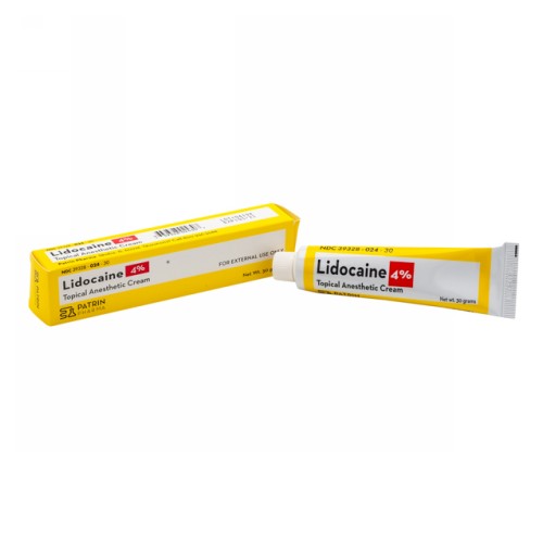 Patrin Lidocaine 4% topical antiseptic cream in a 30-gram tube, used for skin pain relief and minor skin irritations.