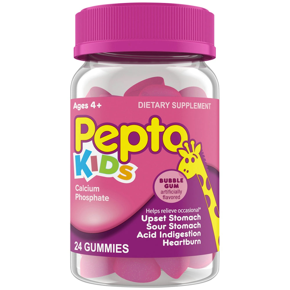 Pepto Calcium Phosphate Kids Gummies with Bubble Gum flavor for ages 4, skin care supplement from Pasteur Pharmacy.