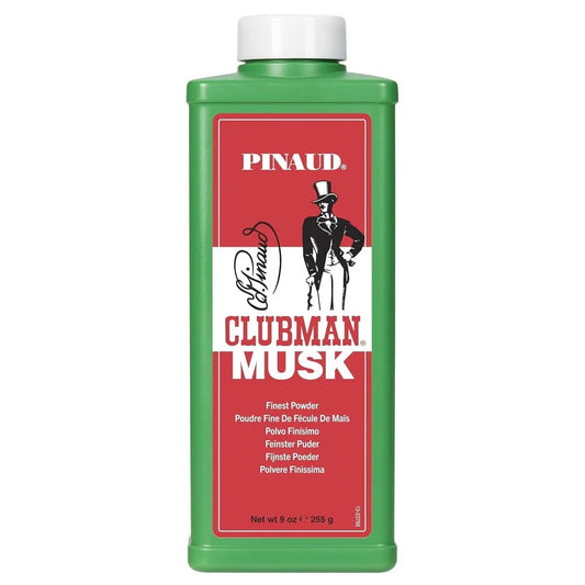 Pinaud Clubman Musk Powder in a 9oz container, skin care product with a smooth, powdery texture and classic musk scent.