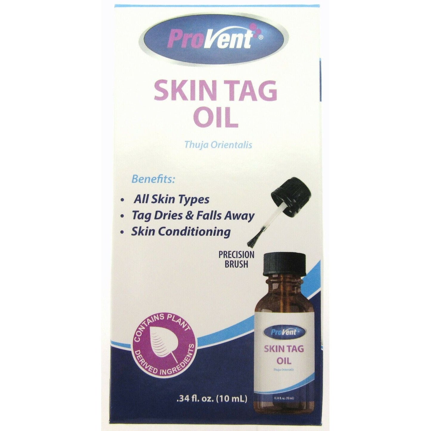 ProVent Skin Tag Remover by Pasteur Pharmacy, 0.34oz, in a small white bottle with a dropper for skin care treatment.