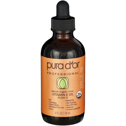 PURA D'OR Professional Organic Vitamin E Oil Blend in 4 oz bottle, skin care product with dropper for facial and skin application
