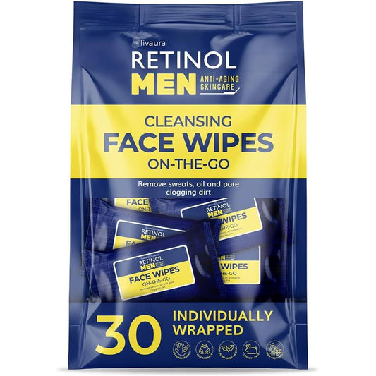 Retinol Men On-The-Go Cleansing Face Wipes by Pasteur Pharmacy, 30 individually wrapped skin care wipes for men.