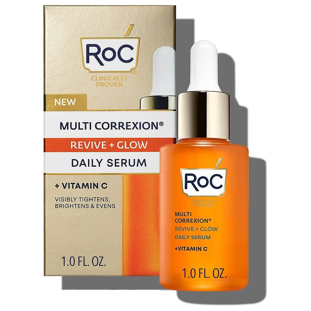 RoC Multi Correxion Revive + Glow Vitamin C Serum bottle with brightening and anti-aging skin care benefits.