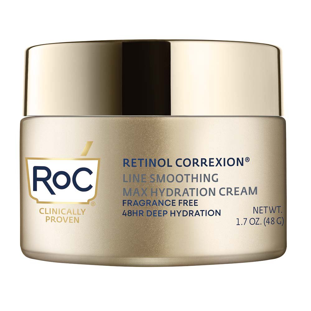 RoC Retinol Correxion Max Hydration Cream in a jar, skincare product for smoothing fine lines and boosting skin hydration.