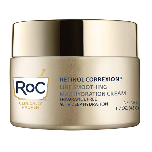RoC Retinol Correxion Max Hydration Cream in a jar, skincare product for smoothing fine lines and boosting skin hydration.