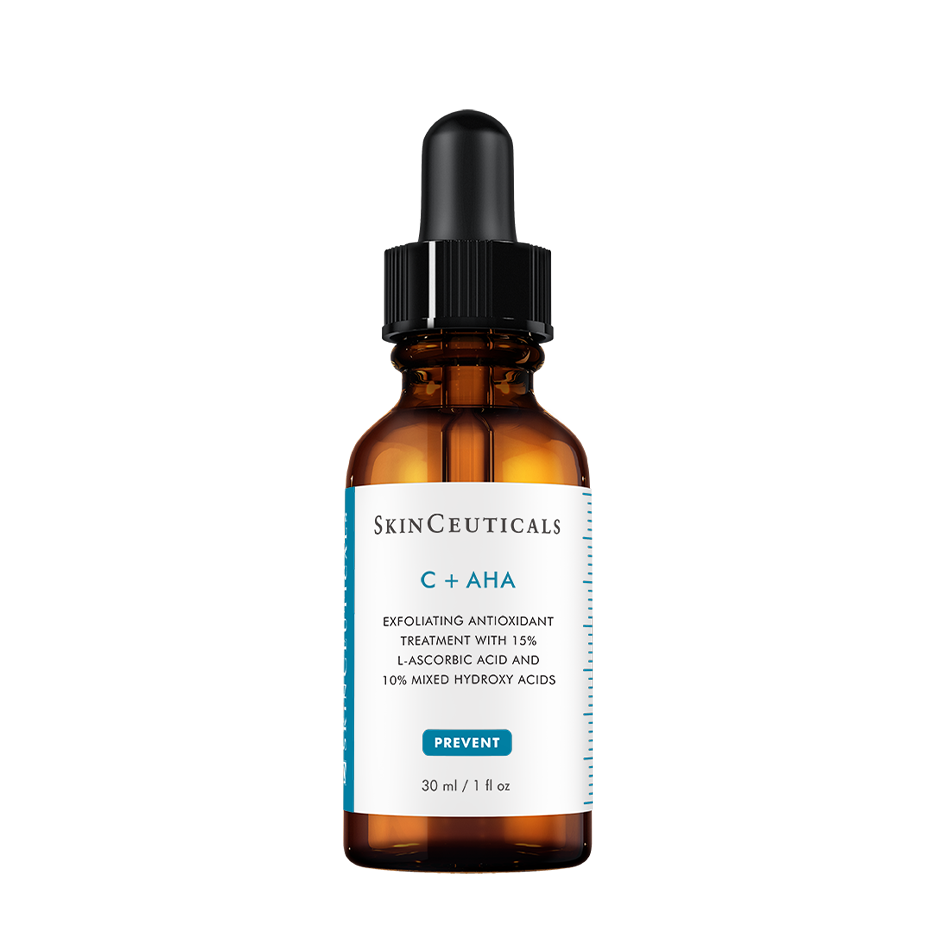 SkinCeuticals C + AHA Exfoliating Antioxidant Treatment in 1 oz bottle, featuring a clear liquid formulation with a pump dispenser.