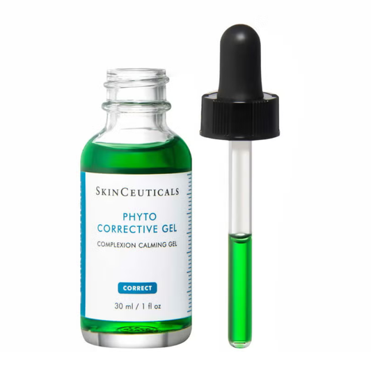 SkinCeuticals Phyto Corrective Gel in a 1 fl oz bottle, a soothing skincare product with clear gel texture and label details.