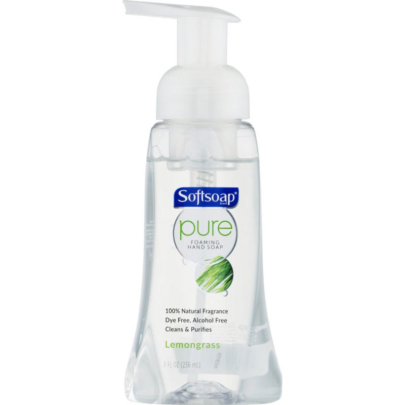 Softsoap Lemongrass Pure Foaming Hand Soap in an 8 Fl Oz bottle, featuring a clear dispenser and fresh lemongrass scent.
