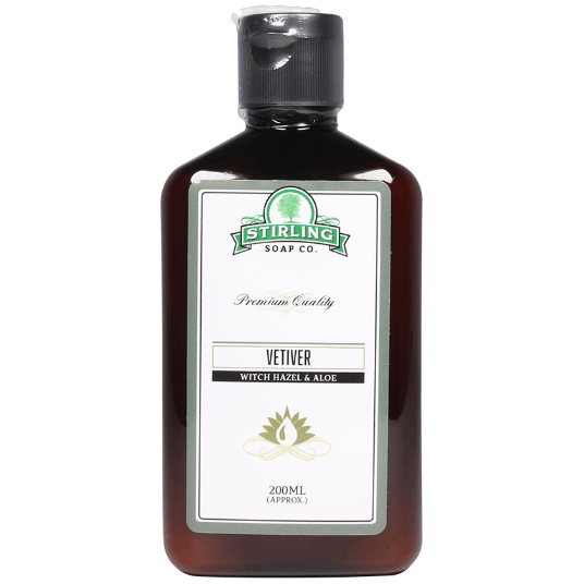Stirling Soap Co. Vetiver Witch Hazel & Aloe skin care product in a 200 ml bottle, featuring natural vetiver, witch hazel, and aloe ingredients