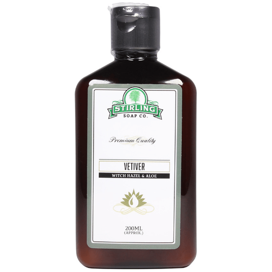 Stirling Soap Co. Vetiver Witch Hazel & Aloe skin care product in a 200 ml bottle, featuring natural vetiver, witch hazel, and aloe ingredients