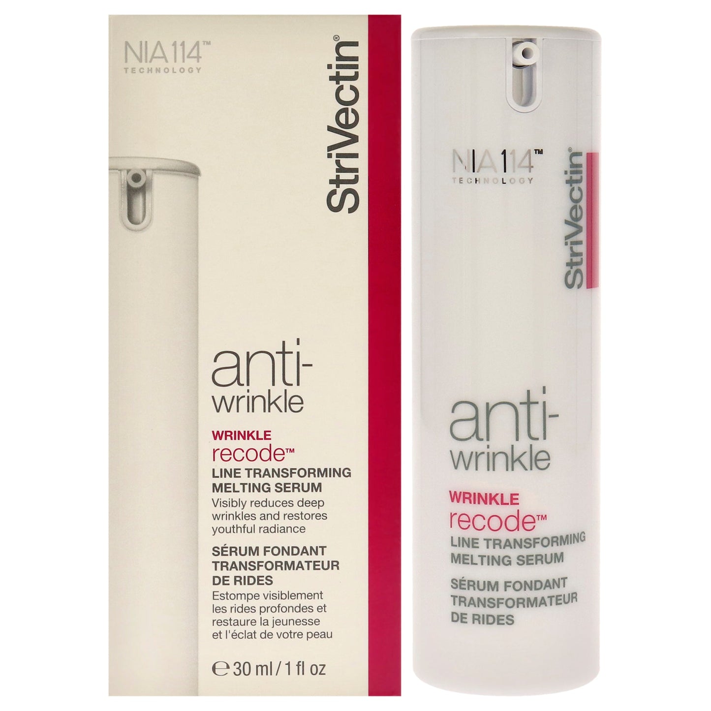 StriVectin Wrinkle Recode Line Transforming Melting Serum in a 30ml bottle, skincare product with a sleek design and pump dispenser.