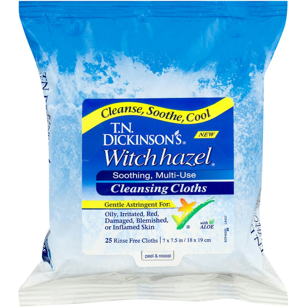 T.N. Dickinson’s Witch Hazel 100% Natural Cleansing Cloths in a 25-count pack, gentle skin care product with natural ingredients.