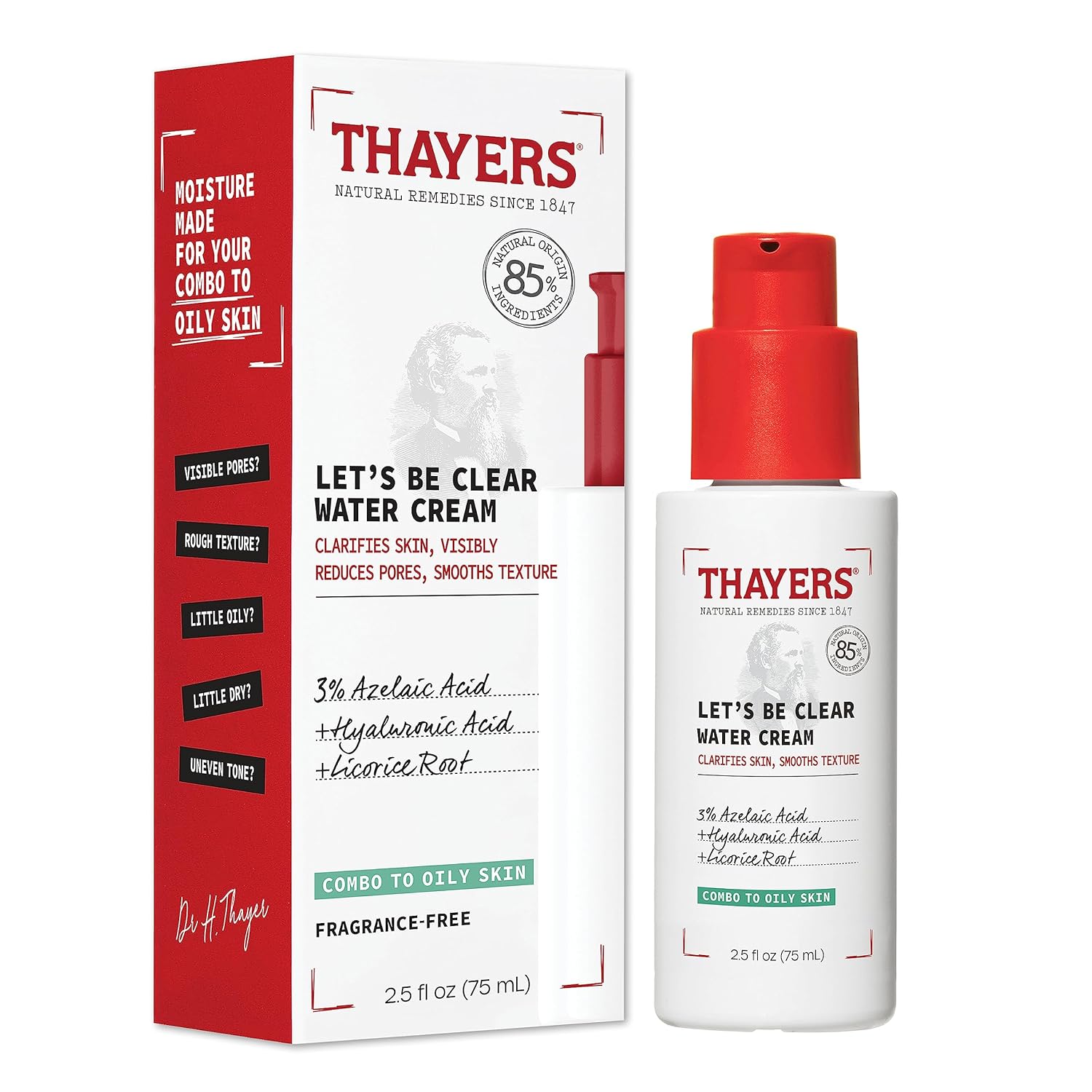 Thayer's Let's Be Clear Water Cream in a 2.5 oz jar, hydrating skincare product with clear, lightweight formula from Pasteur Pharmacy.