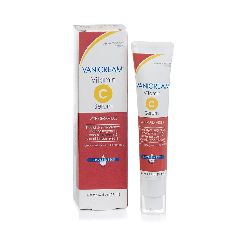 Vanicream Vitamin C Serum for sensitive skin in a 1.2 fl oz bottle, skincare product with orange liquid and dropper applicator.