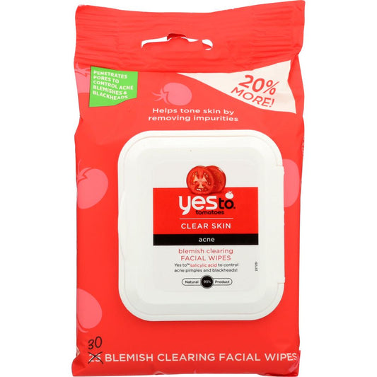 Yes To Tomatoes Clear Skin Acne Blemish Clearing Facial Wipes for skin care, showing pack with wipes and tomatoes on the packaging.
