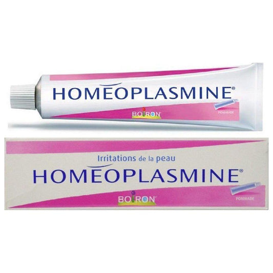 Pasteur Pharmacy Boiron Homeoplasmine skin care ointment for skin irritations in 40g tube, with a white and green packaging design.