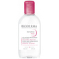 Bioderma Sensibio H2O Micelle Solution for Sensitive Skin in 250ml bottle, gentle skincare product with clear liquid in a pump bottle.