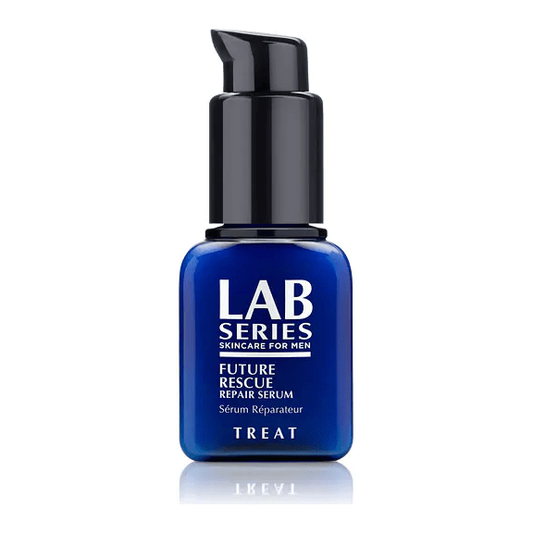Travel-size Lab Series Future Rescue Repair Serum in a 0.5 fl oz bottle, skincare serum for skin repair and rejuvenation.