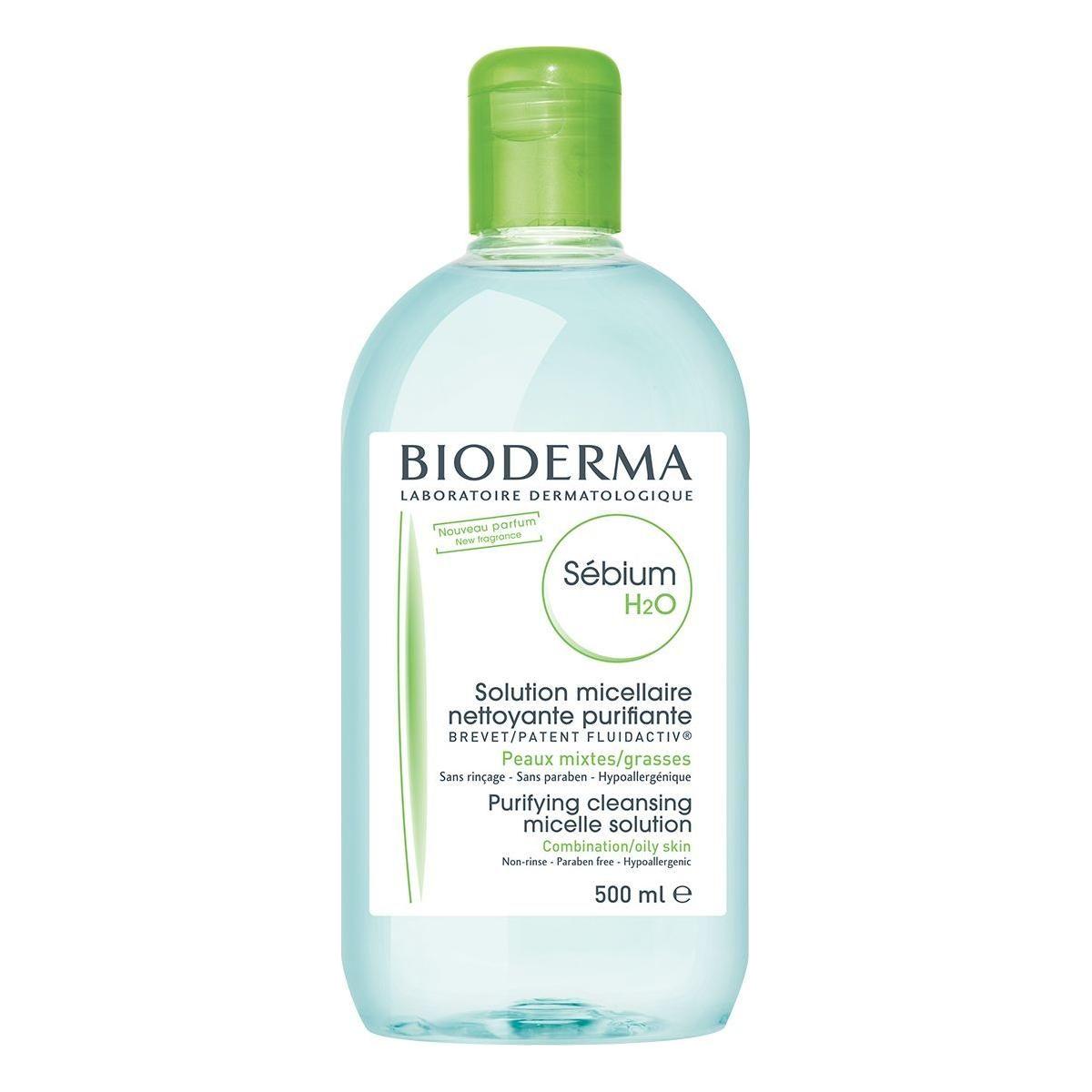 Bioderma Sebium H2O Micelle Solution for combination or oily skin, 16.91 oz, in a clear bottle with a blue cap.