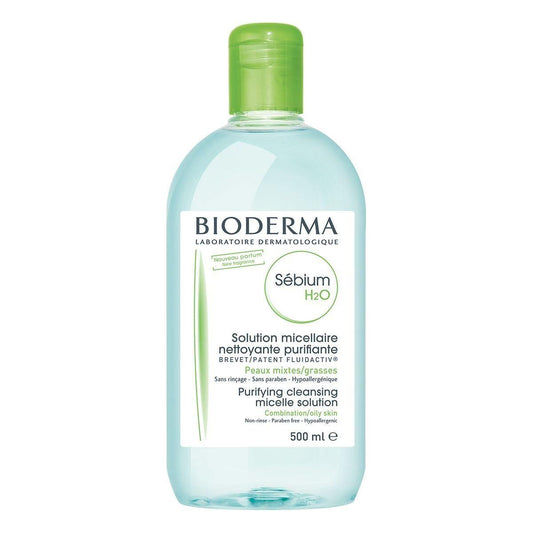 Bioderma Sebium H2O Micelle Solution for combination or oily skin, 16.91 oz, in a clear bottle with a blue cap.