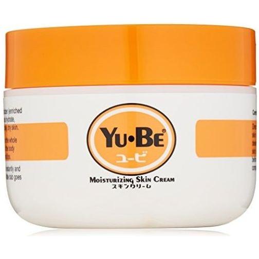 Yu-Be Moisturizing Skin Cream jar from Pasteur Pharmacy, 4.4 oz, in a white container with a screw-on lid, close-up view.