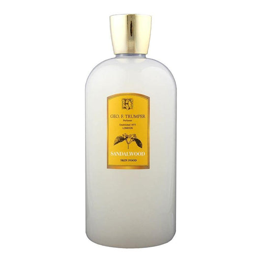 Bottle of Geo. F. Trumper Sandalwood Skin Food Lotion in a 100ml container, designed for nourishing and moisturizing skin.