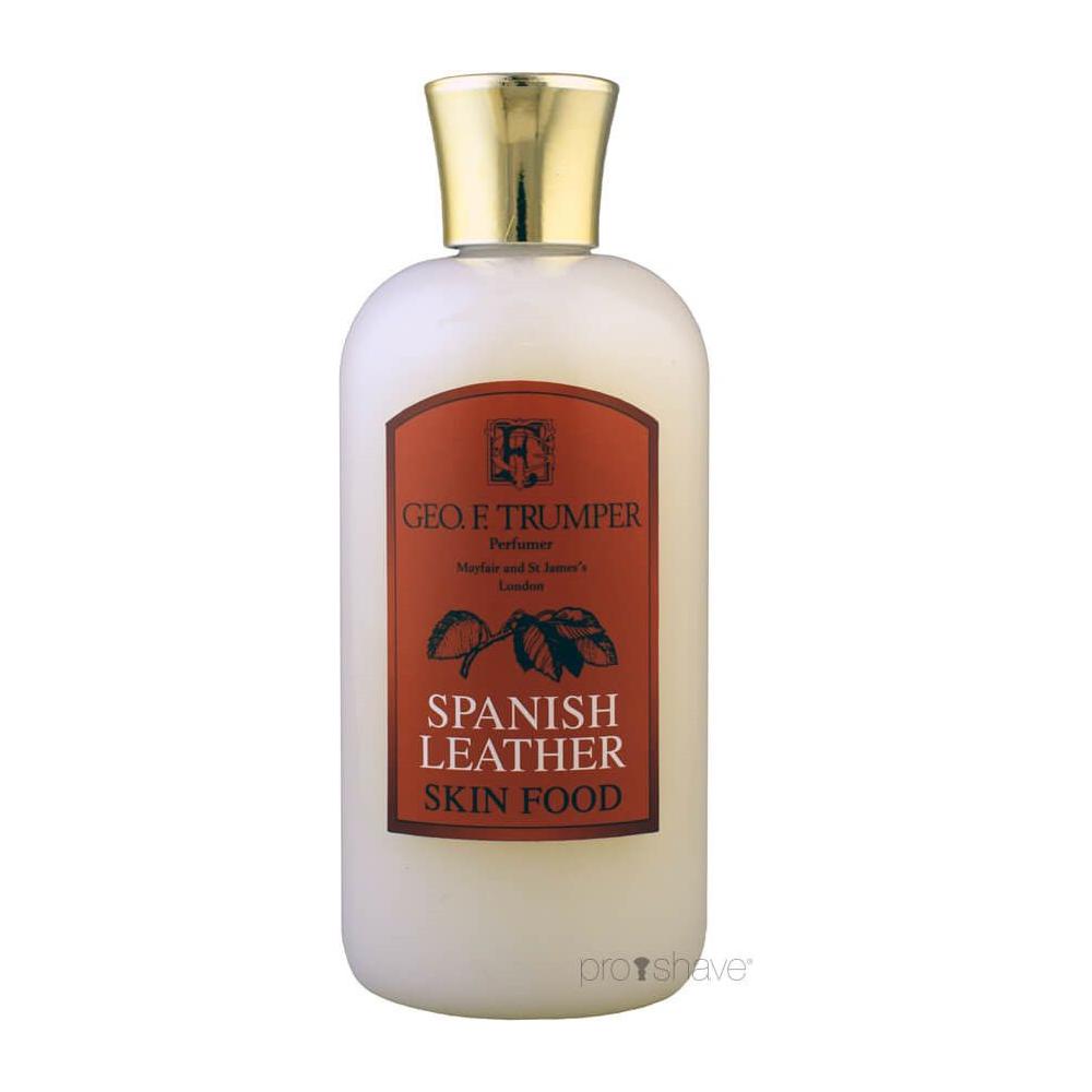 Geo. F. Trumper Spanish Leather Skin Food in a 3.5 oz bottle, part of the collection, displayed with packaging and branding details.