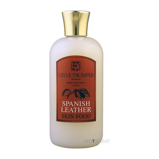 Geo. F. Trumper Spanish Leather Skin Food in a 3.5 oz bottle, part of the collection, displayed with packaging and branding details.