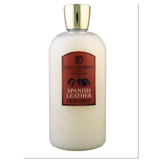 Geo. F. Trumper Spanish Leather Skin Food in a 3.5 oz bottle, part of the collection, from Pasteur Pharmacy.