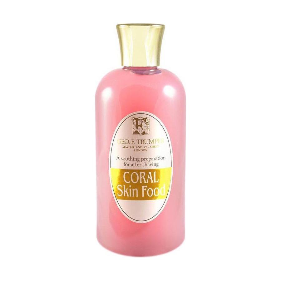 Geo. F. Trumper Coral Skin Food 200ml bottle, natural skin care product with orange-colored liquid in a clear bottle