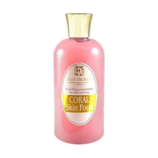 Geo. F. Trumper Coral Skin Food 200ml bottle, natural skin care product with orange-colored liquid in a clear bottle