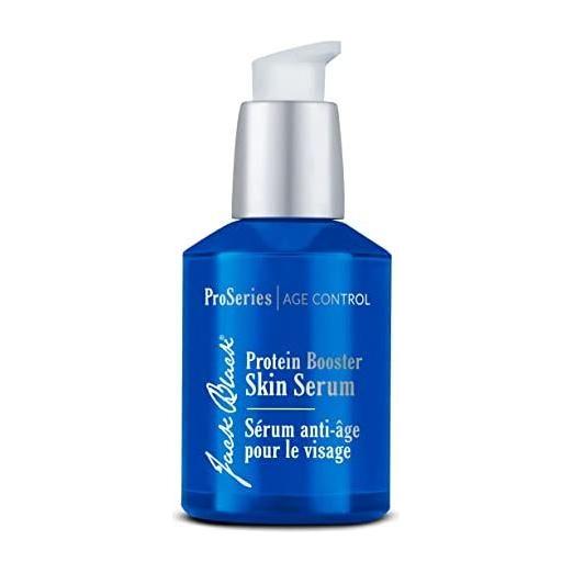Jack Black Men Protein Booster Skin Serum in 2 oz bottle, featuring a sleek dark container and pump dispenser for skincare.
