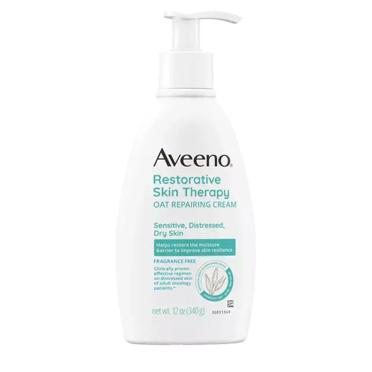 Aveeno Restorative Skin Therapy Oat Repairing Cream for dry skin in a 12 oz jar, soothing and nourishing skin.