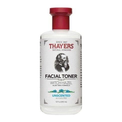 Thayers Witch Hazel Toner with Aloe in 12 oz bottle, unscented skin toner by Pasteur Pharmacy, showing the product bottle.