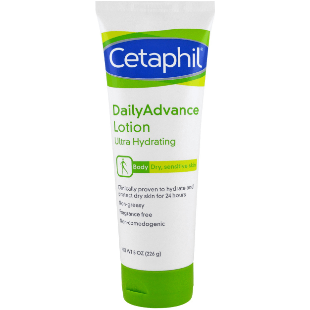 Cetaphil Daily Advance Lotion ultra hydrating skincare bottle, 8 oz, with smooth lotion texture and pump dispenser.