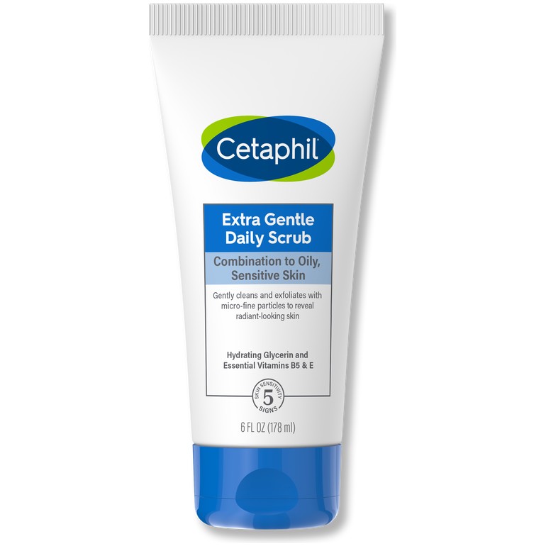 Cetaphil Gentle Exfoliating Facial Cleanser daily scrub in 6 fl oz bottle, soothing skincare product for gentle exfoliation.
