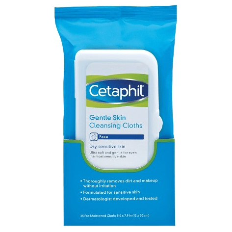 Cetaphil Gentle Skin Cleansing Cloths Unscented, 25 count, skin care product for gentle facial cleansing with soft fabric texture.