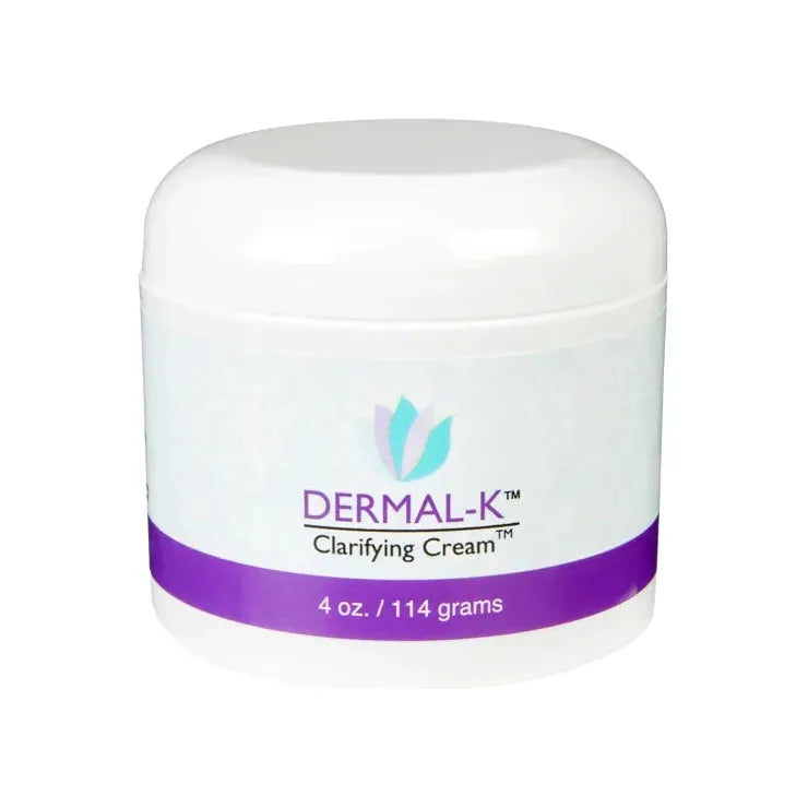 Dermal-K Vitamin K Clarifying Cream in 4 oz jar, skincare product from Pasteur Pharmacy with smooth, creamy texture.