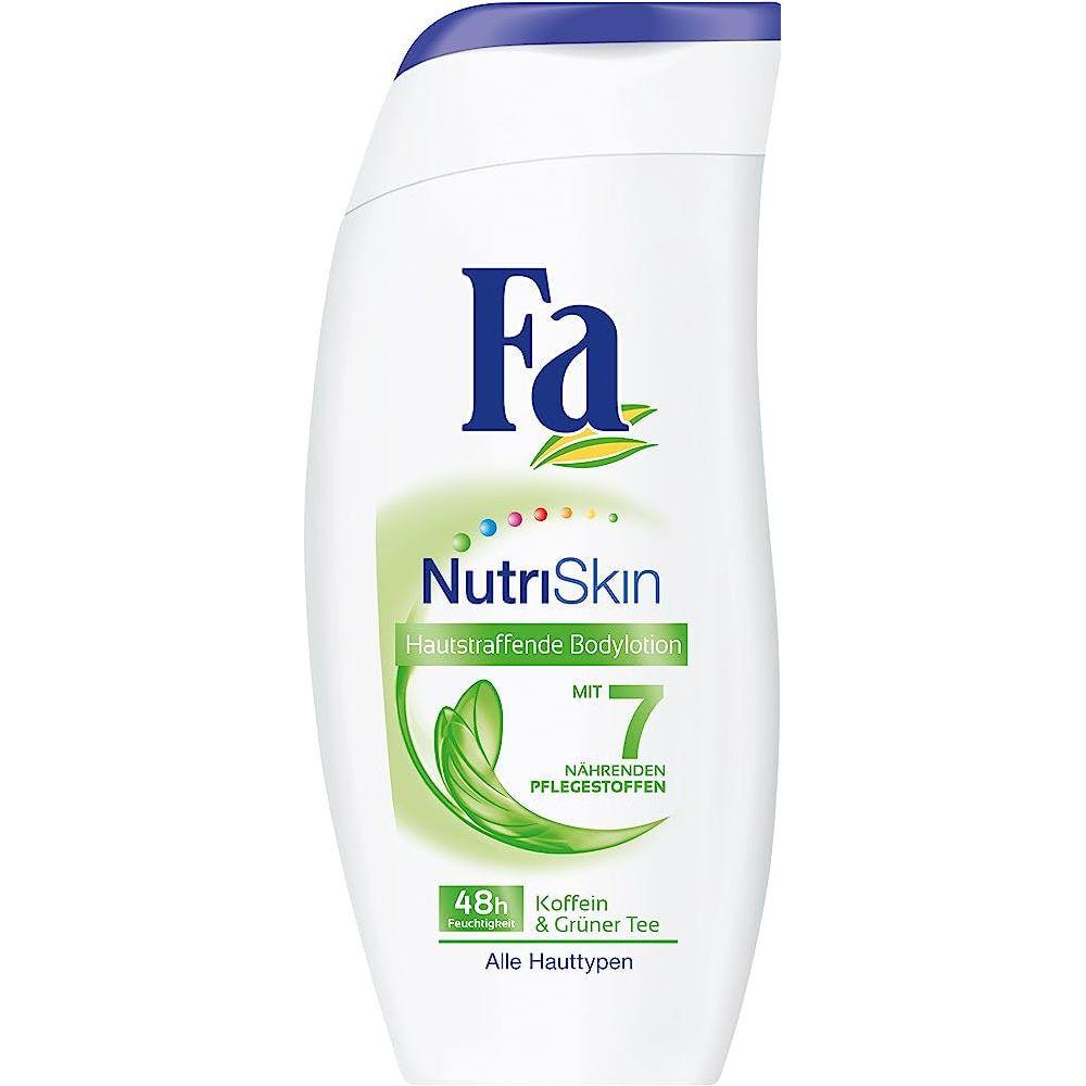 Fa NutriSkin Firming Body Lotion by Pasteur Pharmacy, 8.4 oz, creamy skin care product in a white bottle with a pump dispenser.