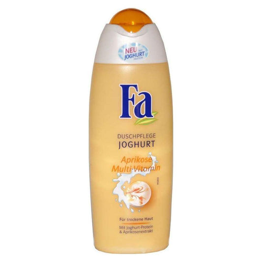 Fa Cremebad Joghurt Aprikose Multi-Vitamin skin care product in 750ml bottle, with apricot and yogurt ingredients for nourishing skin