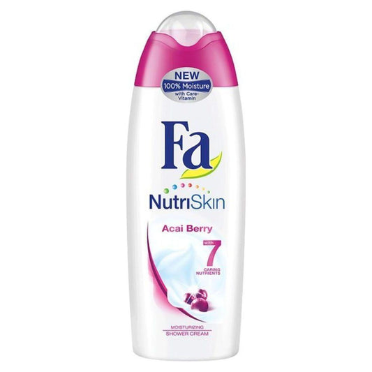 Fa Nutri Skin Moisturizing Shower Gel in a 250ml bottle, with clear label and blue cap, designed for gentle skin hydration.