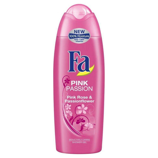 Fa Pink Passion Shower Gel from Pasteur Pharmacy, 250ml, featuring a pink bottle with a floral design for skin refreshment.
